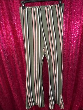Vertical Stripe Wide-Leg Pants in Olive and Pink
